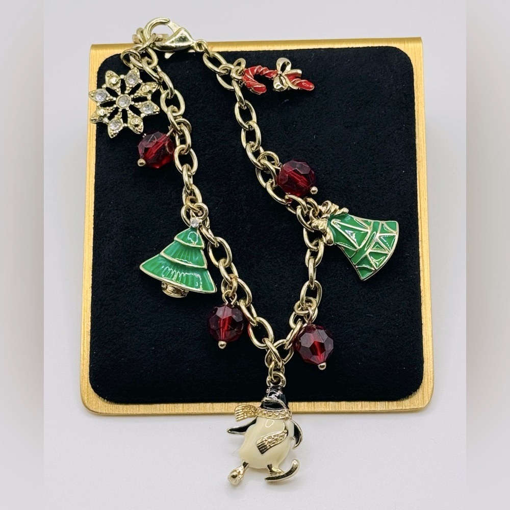 NAPIER Christmas Holiday Enamel Charm Gold Tone Bracelet w/Red Beads